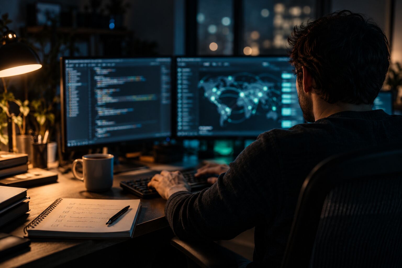 A security analyst working late at night at two monitors showing code and a network map, with a handwritten checklist on the desk.